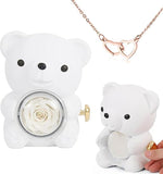 Engraved Heart Necklace with Real Rose Bear Giftbox, Valentine's Day Rotating Bear Rose Jewelry Box, Romantic Preserved Eternal Roses Gift Set for Mom Wife Girlfriend (White, Rose Gold Necklace)