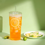 450/600ml Stripe Glass Cup with Lid & Straw | Transparent Ice Coffee Mug, Tea, Juice, Milk, and Water