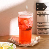 450/600ml Stripe Glass Cup with Lid & Straw | Transparent Ice Coffee Mug, Tea, Juice, Milk, and Water