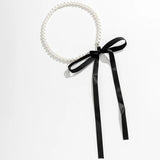 Long Black Ribbon Choker Necklace with Elegant White Imitation Pearl for Wedding Party