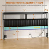 Headboard for King Size Bed Frame, Upholstered Headboards with Outlets, USB Ports and LED Light, Leather Head Board with Storage