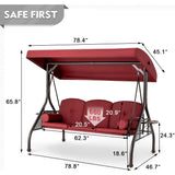 3 in 1 Outdoor Porch Swing with Adjustable Canopy, 3 Seat Outdoor Swing for Adults, Patio Swing Chair with Thickened Cushions,Pillows & Cup Holders for Backyard, Porch, Garden (Wine Red,Khaki)