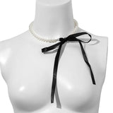 Long Black Ribbon Choker Necklace with Elegant White Imitation Pearl for Wedding Party