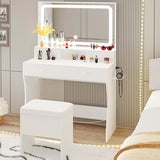 LIKIMIO Vanity Desk with LED Lighted Mirror & Power Outlet & 4 Drawers, Dressing Makeup Table Set with Storage Stool and Hair Dr