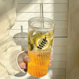 450/600ml Stripe Glass Cup with Lid & Straw | Transparent Ice Coffee Mug, Tea, Juice, Milk, and Water