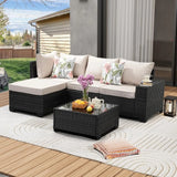 5 Pieces Pieces Patio Furniture Set Outdoor Sectional Wicker Patio Furniture Patio Couch with Ottoman for Lawn, Balcony, Garden, Backyard (Brown-Beige)