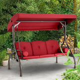 3 in 1 Outdoor Porch Swing with Adjustable Canopy, 3 Seat Outdoor Swing for Adults, Patio Swing Chair with Thickened Cushions,Pillows & Cup Holders for Backyard, Porch, Garden (Wine Red,Khaki)