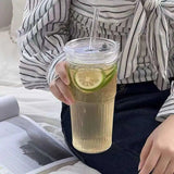 450/600ml Stripe Glass Cup with Lid & Straw | Transparent Ice Coffee Mug, Tea, Juice, Milk, and Water