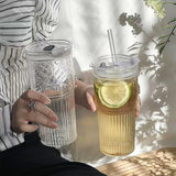 450/600ml Stripe Glass Cup with Lid & Straw | Transparent Ice Coffee Mug, Tea, Juice, Milk, and Water