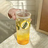 450/600ml Stripe Glass Cup with Lid & Straw | Transparent Ice Coffee Mug, Tea, Juice, Milk, and Water