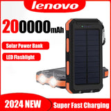 Lenovo 200000mAh Solar Power Fast Charging Power Bank Outdoor Camping Portable Charger Powerbank Waterproof External Battery Charging with LED Light