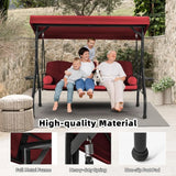 3 in 1 Outdoor Porch Swing with Adjustable Canopy, 3 Seat Outdoor Swing for Adults, Patio Swing Chair with Thickened Cushions,Pillows & Cup Holders for Backyard, Porch, Garden (Wine Red,Khaki)