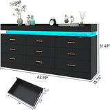 6/9 Drawer Dresser with Power Outlet, Black Dresser with LED Light, Modern Chest of Drawers for Closet, Double Wide Drawer Organizer Cabinet for Bedroom, Living Room, Entryway, Hallway