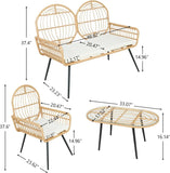 4 Pieces Wicker Patio Conversation Set,Boho All-Weather Rattan Outdoor Bistro Set with Loveseat Chair,Glass Table & Soft Cushion