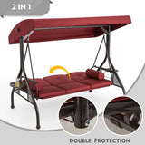 3 in 1 Outdoor Porch Swing with Adjustable Canopy, 3 Seat Outdoor Swing for Adults, Patio Swing Chair with Thickened Cushions,Pillows & Cup Holders for Backyard, Porch, Garden (Wine Red,Khaki)