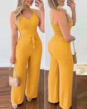 Long Elegant Sexy V-Neck Shirred Cami Top & High Waist Pants Jumpsuits