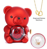 Engraved Heart Necklace with Real Rose Bear Giftbox, Valentine's Day Rotating Bear Rose Jewelry Box, Romantic Preserved Eternal Roses Gift Set for Mom Wife Girlfriend (White, Rose Gold Necklace)