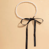 Long Black Ribbon Choker Necklace with Elegant White Imitation Pearl for Wedding Party