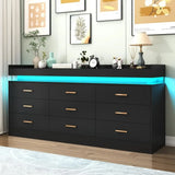 6/9 Drawer Dresser with Power Outlet, Black Dresser with LED Light, Modern Chest of Drawers for Closet, Double Wide Drawer Organizer Cabinet for Bedroom, Living Room, Entryway, Hallway