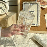 450/600ml Stripe Glass Cup with Lid & Straw | Transparent Ice Coffee Mug, Tea, Juice, Milk, and Water