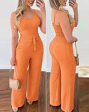 Long Elegant Sexy V-Neck Shirred Cami Top & High Waist Pants Jumpsuits