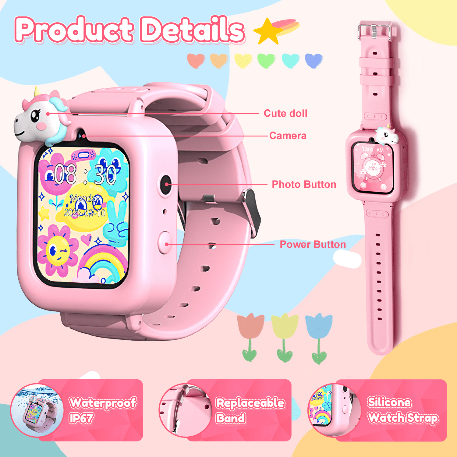 1.83" Kids Smart Watch for Girls HD Touch Screen with 39 Educational Games, Camera, Pedometer, Alarm Clock, ABC Learning, Music Player, Birthday Gift for Boys Girls Ages 5-12 - Image 3
