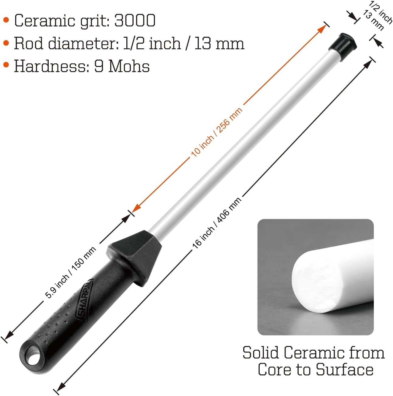 118H Ceramic Honing Rod - Professional Knife Sharpener Steel, Ceramic Sharpening Rod for Kitchen Knives, Built-in Angle Guide, Anti-Break Cap, Durable Sharpening Stick - Image 3