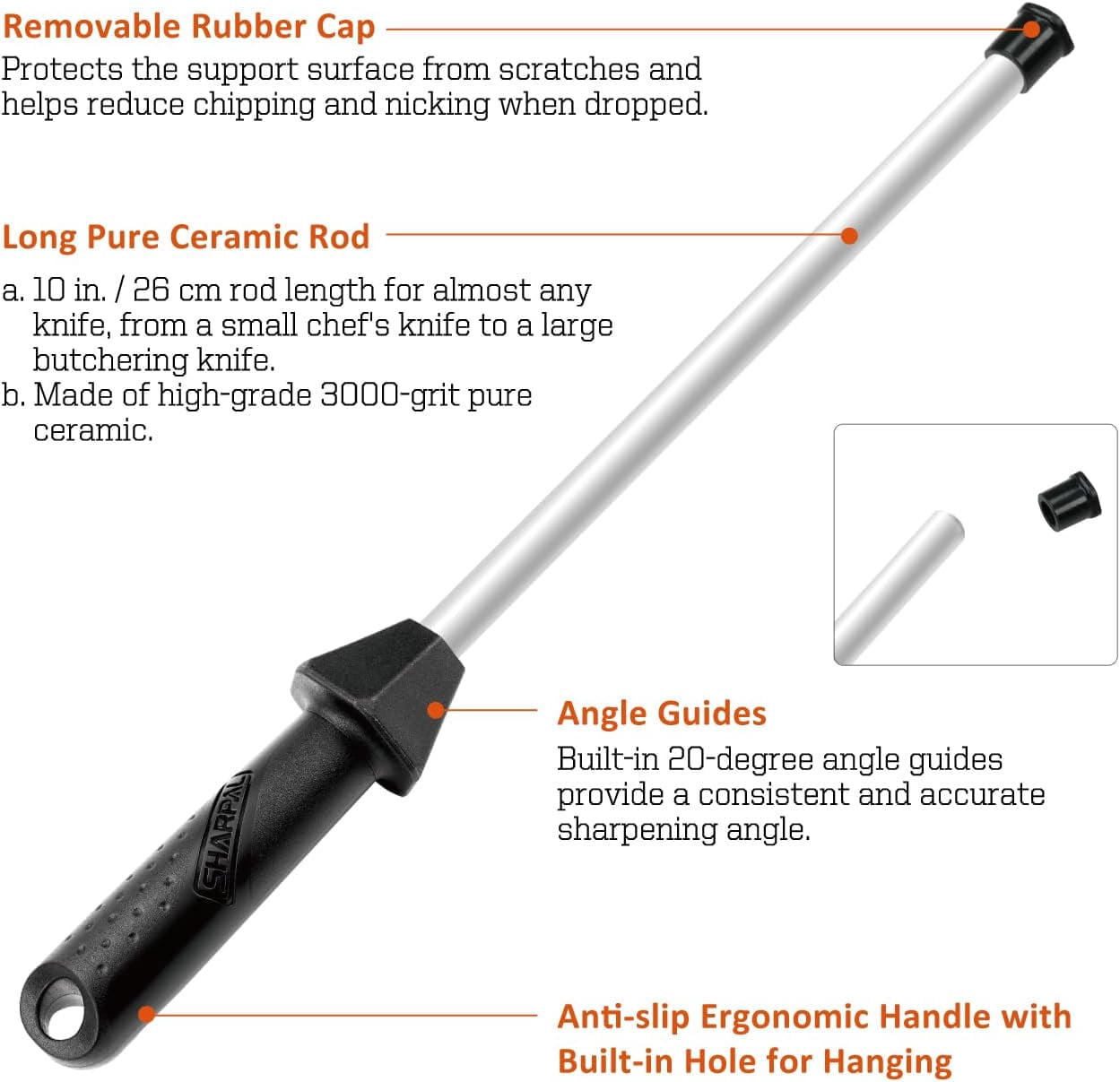 118H Ceramic Honing Rod - Professional Knife Sharpener Steel, Ceramic Sharpening Rod for Kitchen Knives, Built-in Angle Guide, Anti-Break Cap, Durable Sharpening Stick - Image 4