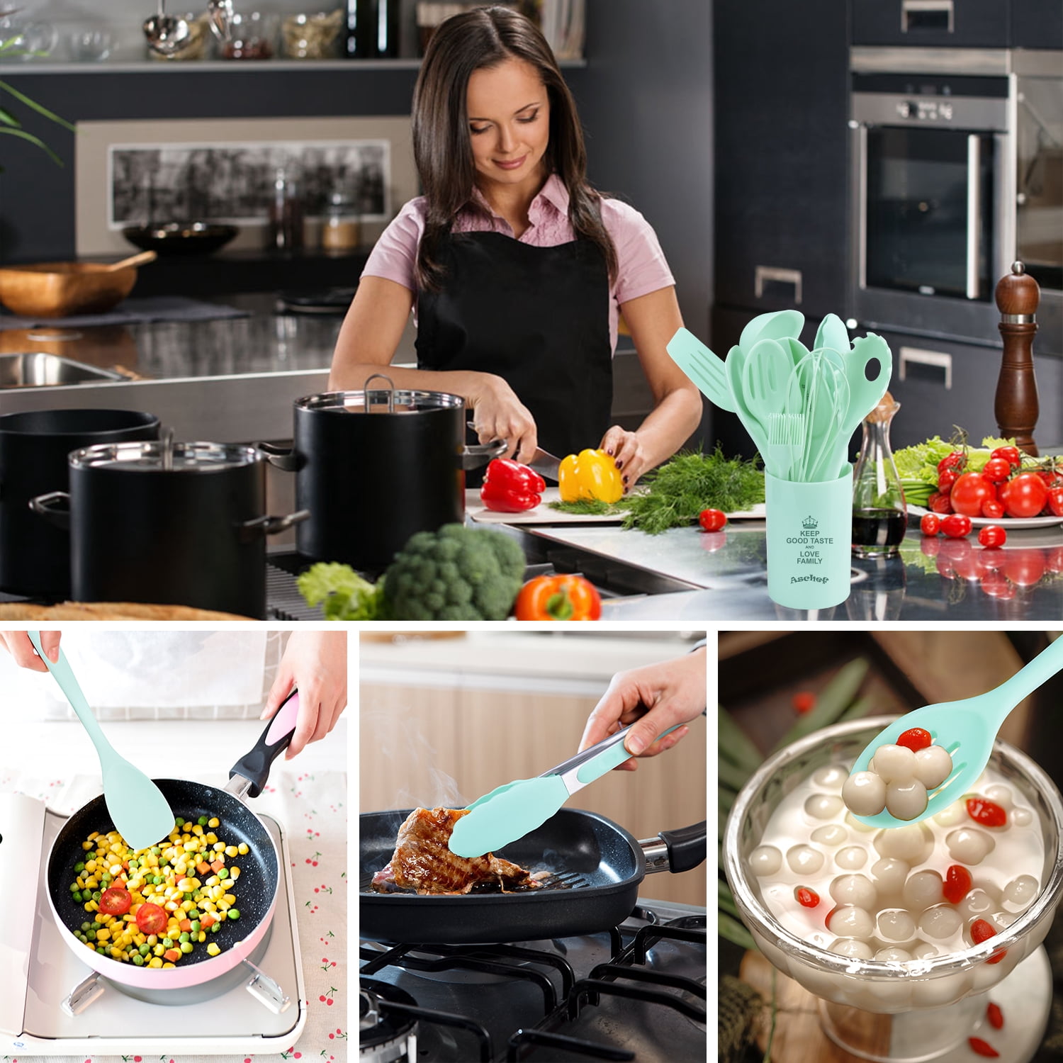 11in1 Silicone Cooking Kitchen Utensils Set, Cooking Tool BPA Free Non Toxic Silicone Turner Tongs Spatula Spoon Kitchen Gadgets Utensil Kit for Nonstick Cookware (Green) - Image 2