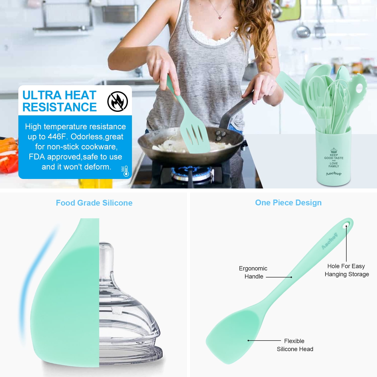 11in1 Silicone Cooking Kitchen Utensils Set, Cooking Tool BPA Free Non Toxic Silicone Turner Tongs Spatula Spoon Kitchen Gadgets Utensil Kit for Nonstick Cookware (Green) - Image 5