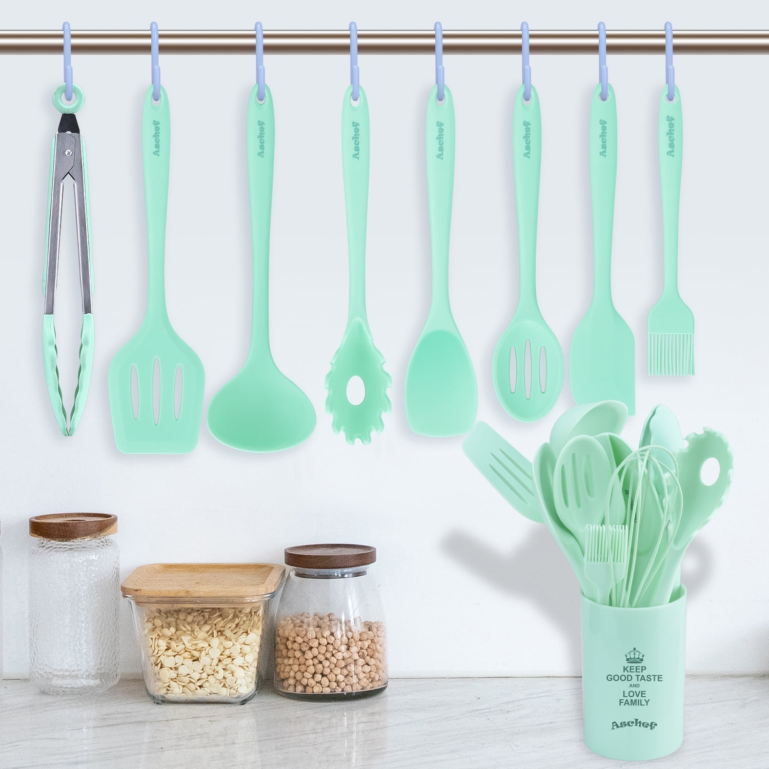 11in1 Silicone Cooking Kitchen Utensils Set, Cooking Tool BPA Free Non Toxic Silicone Turner Tongs Spatula Spoon Kitchen Gadgets Utensil Kit for Nonstick Cookware (Green) - Image 4
