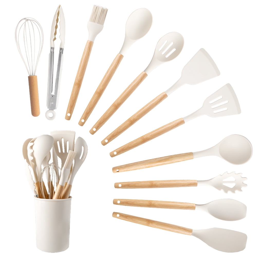 12 Piece Silicone Kitchen Utensil Set Heat Resistant Silicone Kitchen Utensils for Cooking,Kitchen Utensil Spatula Set w Wooden Handles,Holder, BPA FREE Gadgets for Non-Stick Cookware