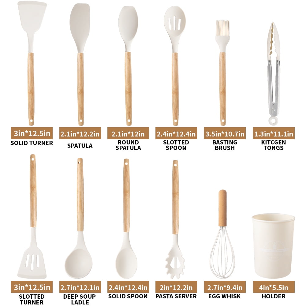 12 Piece Silicone Kitchen Utensil Set Heat Resistant Silicone Kitchen Utensils for Cooking,Kitchen Utensil Spatula Set w Wooden Handles,Holder, BPA FREE Gadgets for Non-Stick Cookware - Image 4