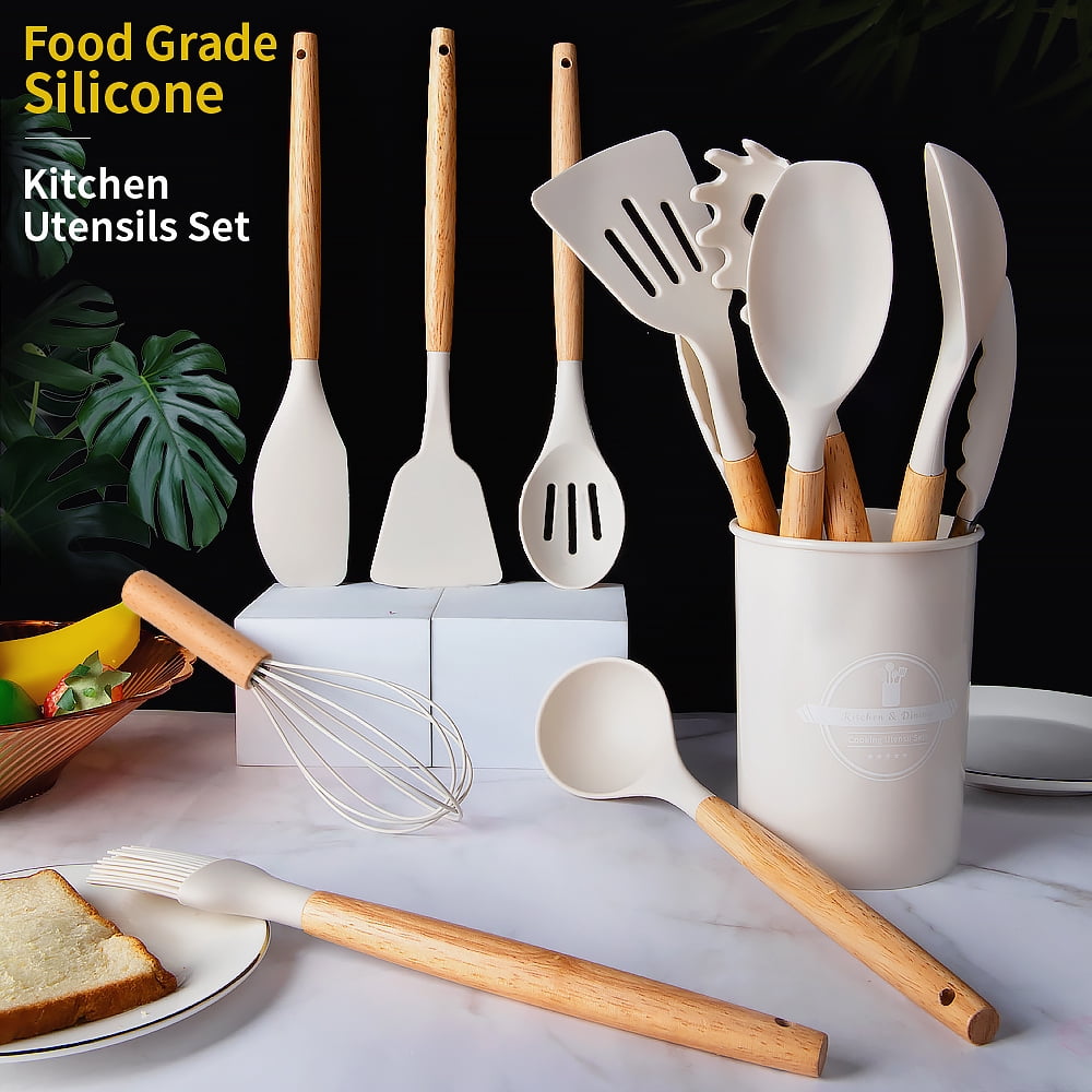12 Piece Silicone Kitchen Utensil Set Heat Resistant Silicone Kitchen Utensils for Cooking,Kitchen Utensil Spatula Set w Wooden Handles,Holder, BPA FREE Gadgets for Non-Stick Cookware - Image 2