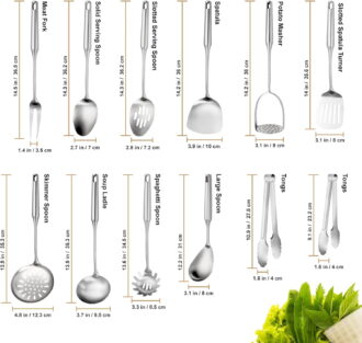 12-Piece Stainless Steel Cooking Utensils Set with Ergonomic Handles for Home and Commercial Kitchens