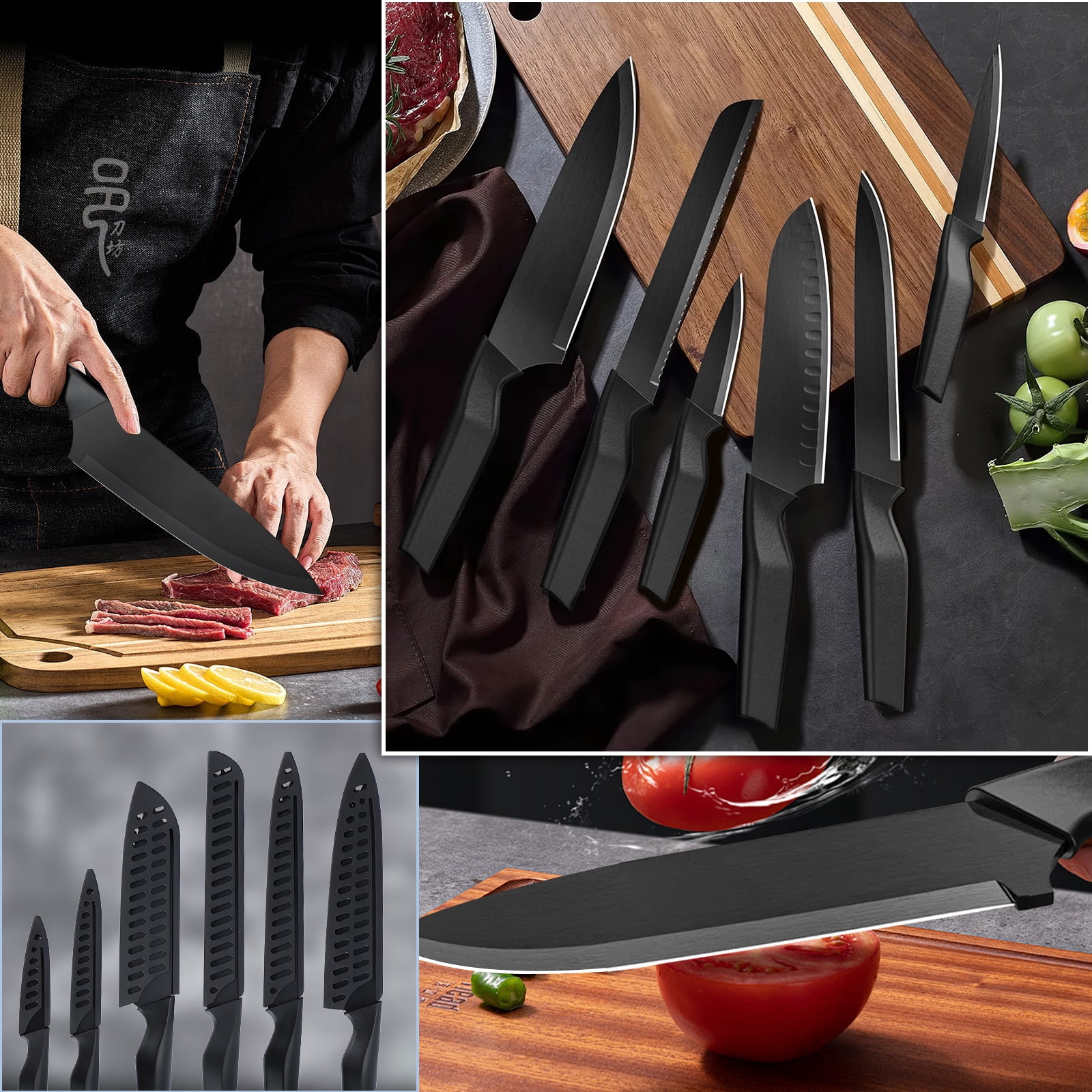 13 Pcs Kitchen Knife Set, Stainless Steel Chef Knives with Sharpener & Blade Guards, Non-Stick Coating, Dishwasher Safe, Black - Image 5