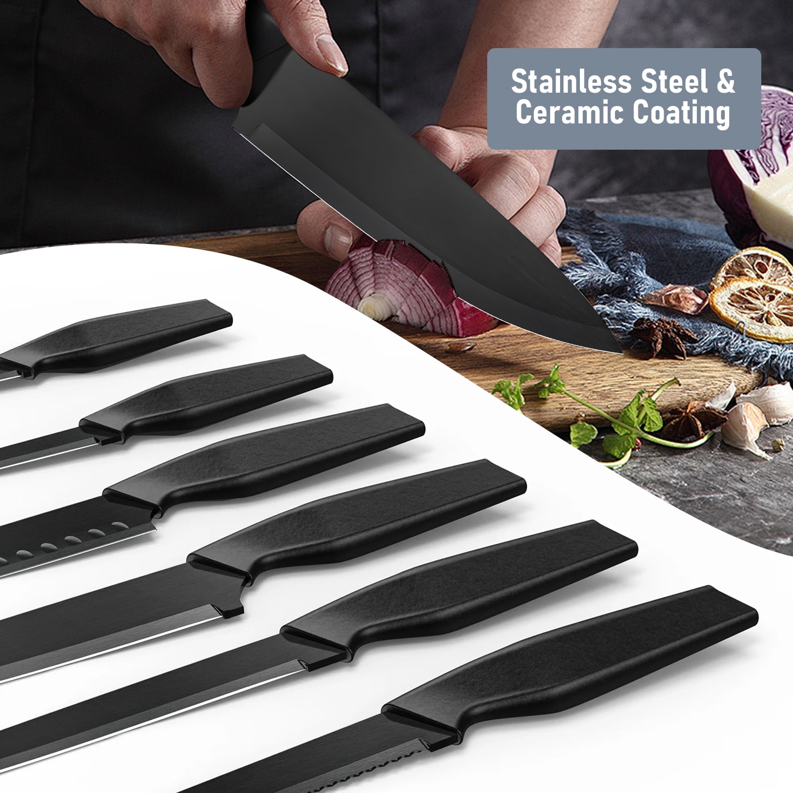 13 Pcs Kitchen Knife Set, Stainless Steel Chef Knives with Sharpener & Blade Guards, Non-Stick Coating, Dishwasher Safe, Black - Image 3