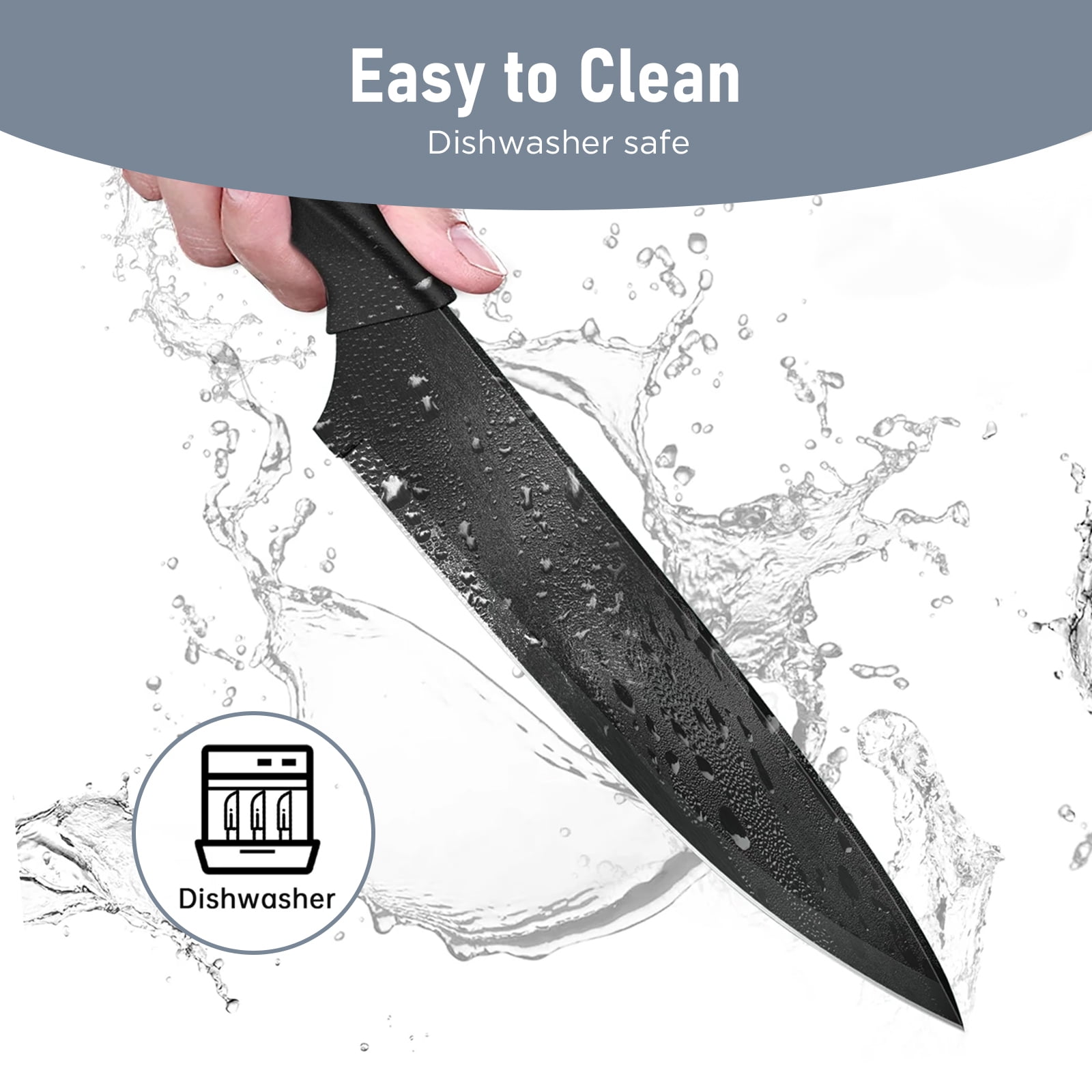 13 Pcs Kitchen Knife Set, Stainless Steel Chef Knives with Sharpener & Blade Guards, Non-Stick Coating, Dishwasher Safe, Black - Image 2