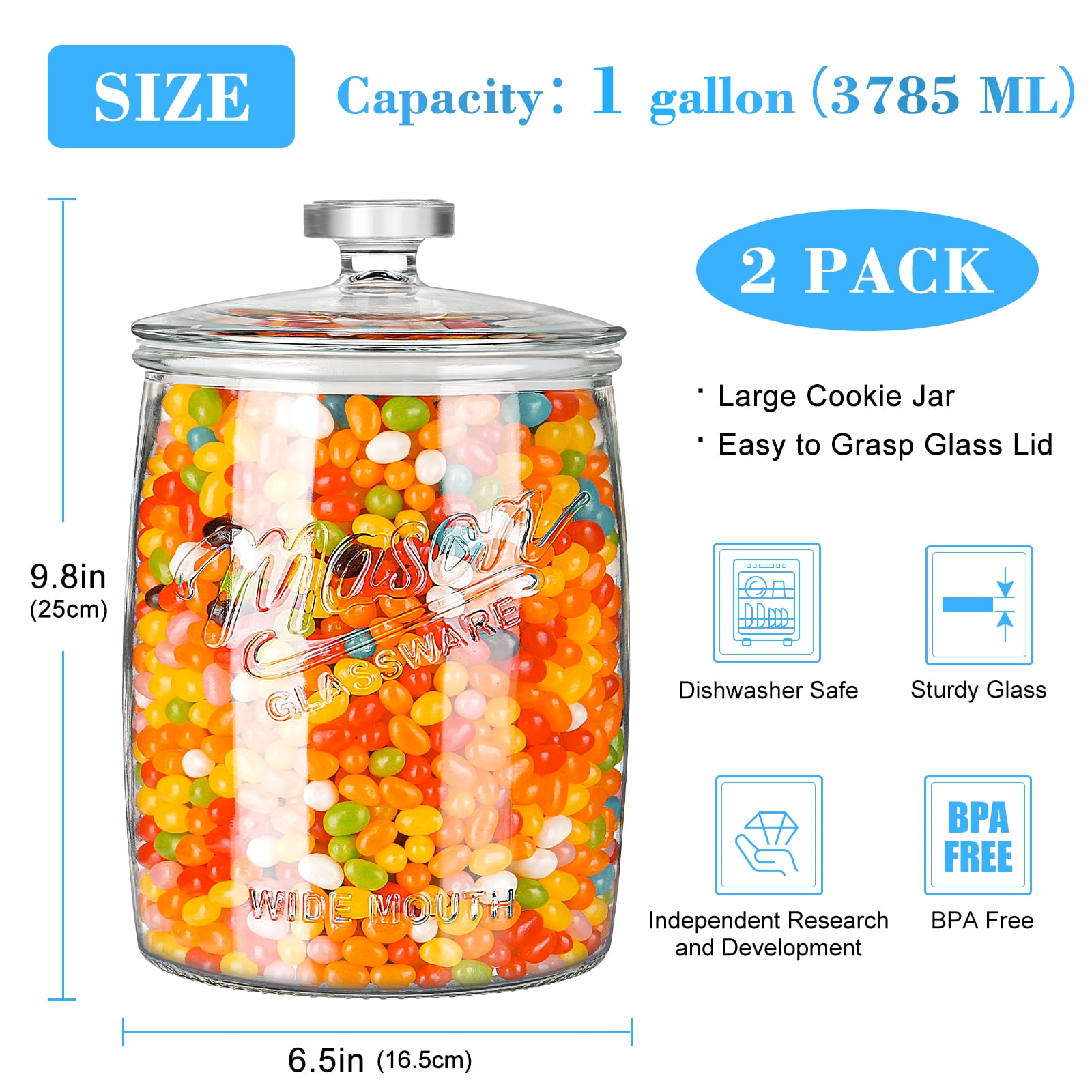 2 Pack Cookie Jar, 1 Gallon Glass Jar with Airtight Lids - Large Wide Mouth Mason Jar for Kitchen Pantry& Laundry Room, Glass Apothecary Canisters Sets for Candy, Flour, Rice, Coffee, Display - Image 2