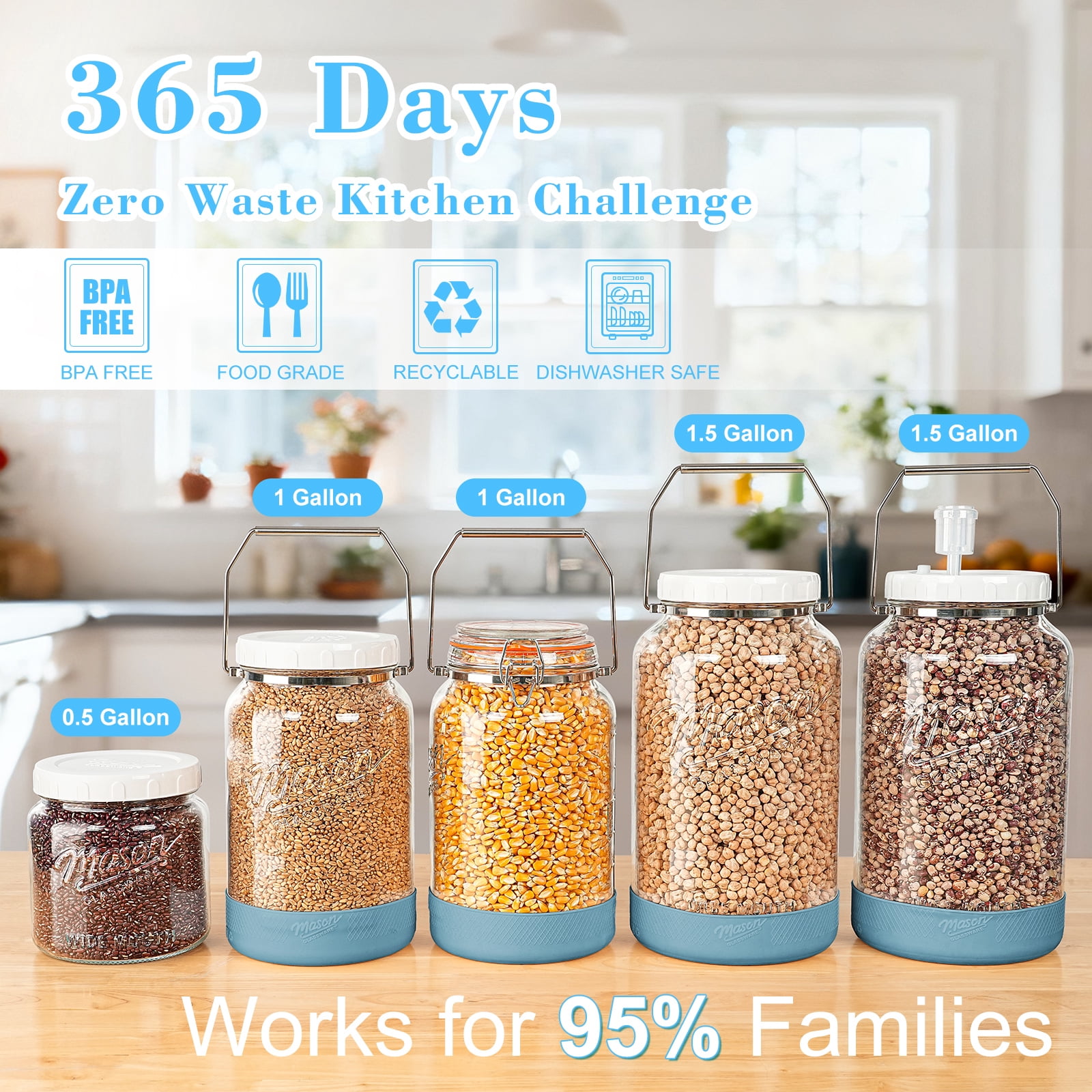 2 Packs 1 Gallon Glass Jar with Airtight Lids,Wide Mouth Mason Jars with Clip Top Lids & Stainless Steel Handle & Silicone Base,Canning Jars for Kitchen Storage - Image 2