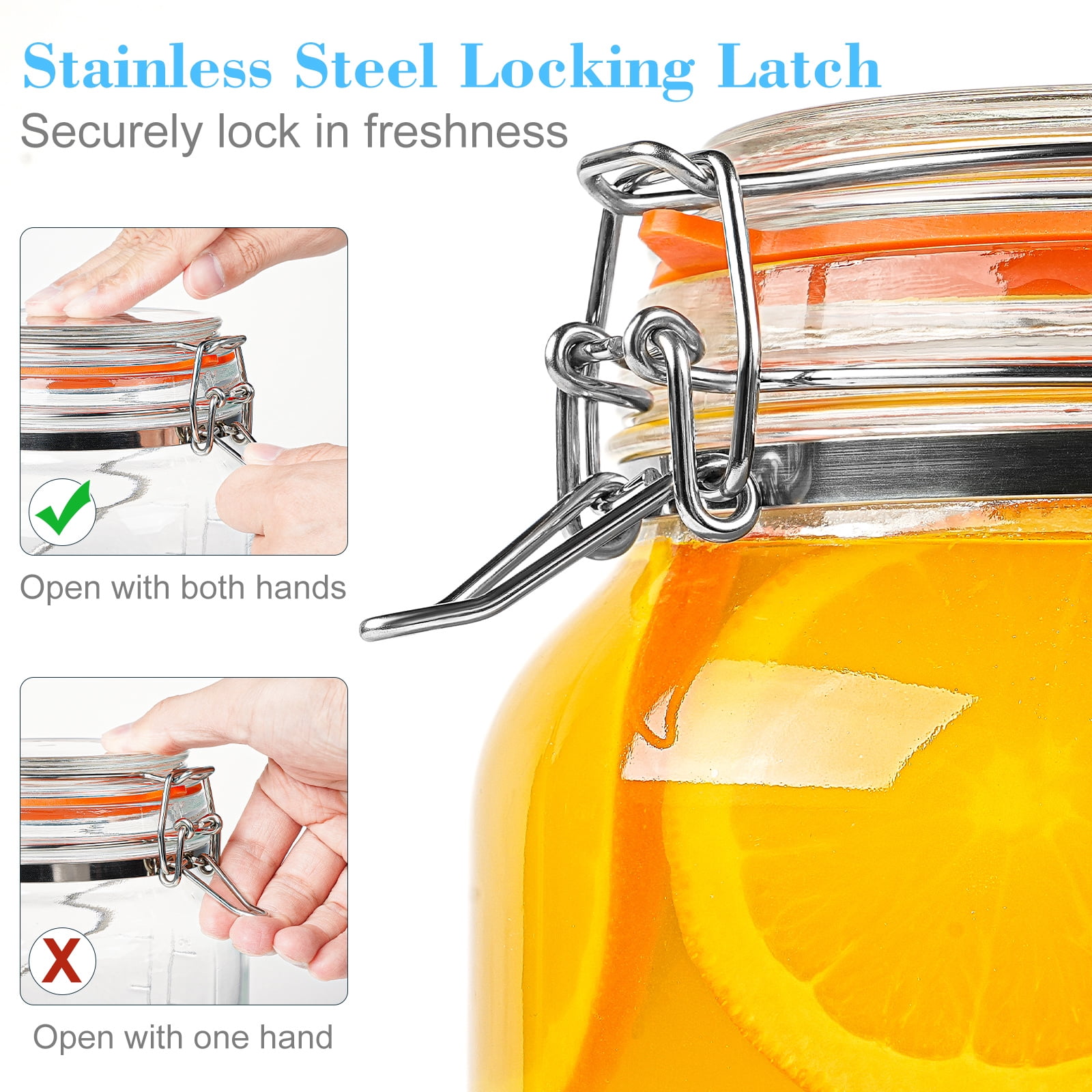 2 Packs 1 Gallon Glass Jar with Airtight Lids,Wide Mouth Mason Jars with Clip Top Lids & Stainless Steel Handle & Silicone Base,Canning Jars for Kitchen Storage - Image 4