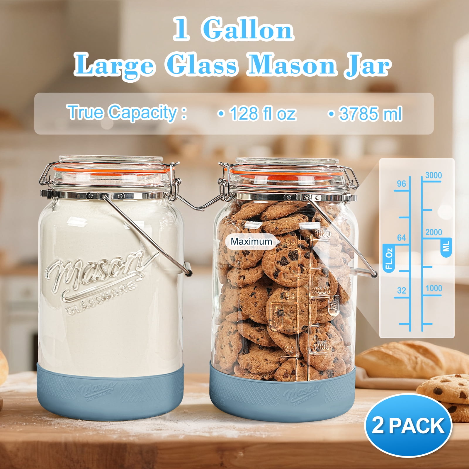 2 Packs 1 Gallon Glass Jar with Airtight Lids,Wide Mouth Mason Jars with Clip Top Lids & Stainless Steel Handle & Silicone Base,Canning Jars for Kitchen Storage - Image 3