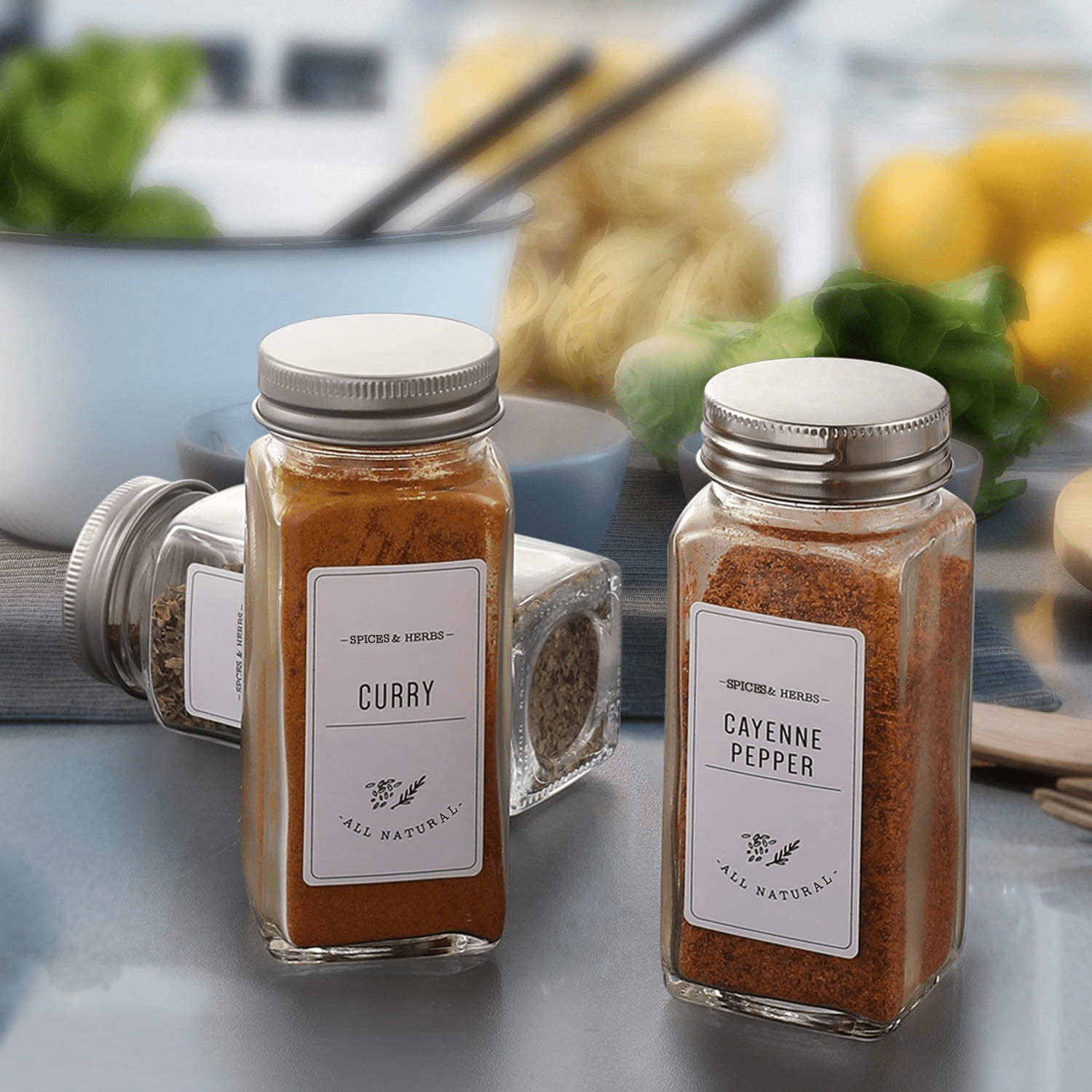 24 Pcs Glass Spice Jars/Bottles - 4oz Empty Square Spice Containers with 8 Spice Labels - Shaker Lids and Airtight Metal Caps Kosbon - Image 3