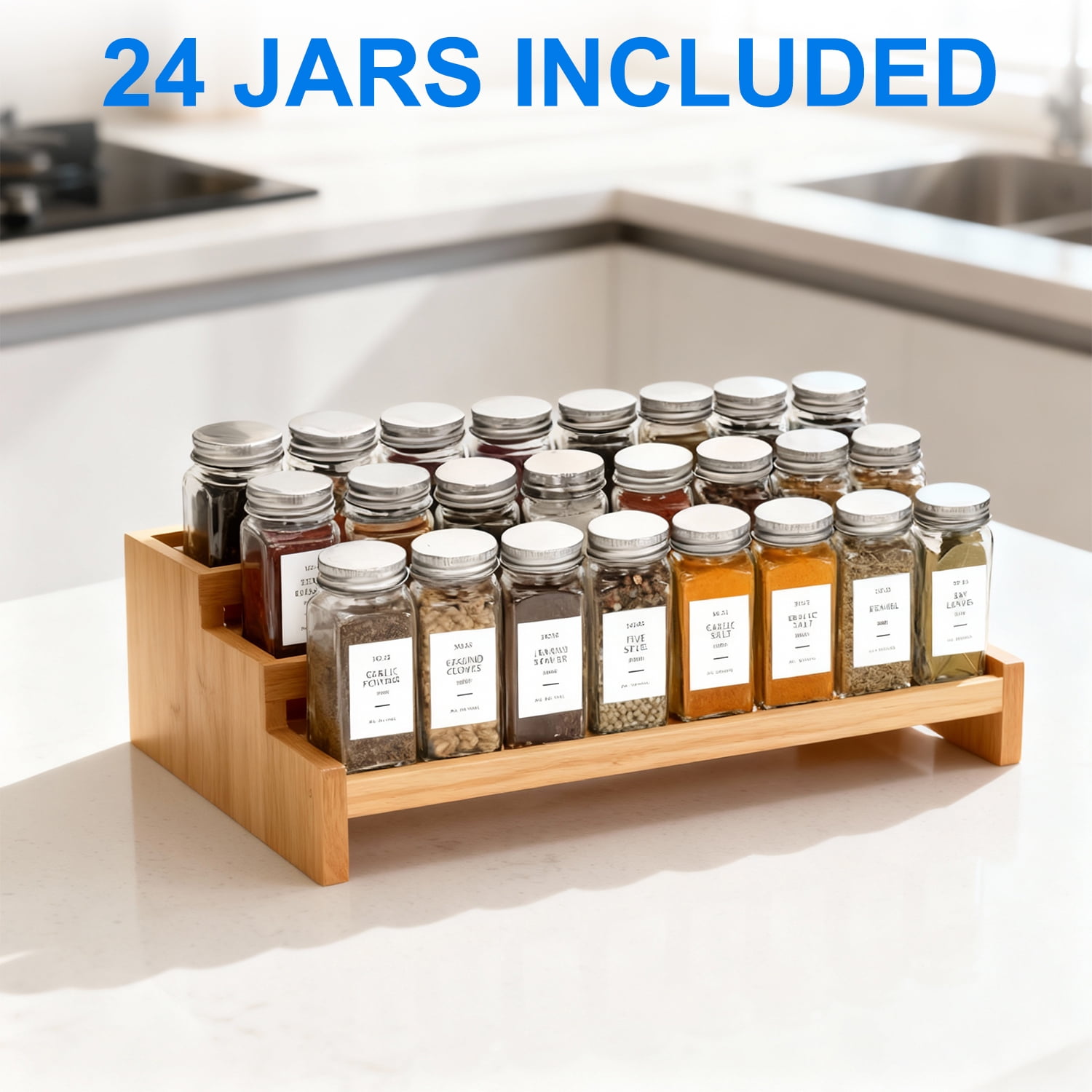 24 Pcs Glass Spice Jars/Bottles - 4oz Empty Square Spice Containers with 8 Spice Labels - Shaker Lids and Airtight Metal Caps Kosbon - Image 2