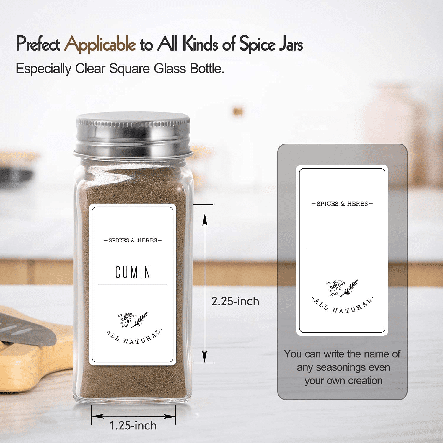 24 Pcs Glass Spice Jars/Bottles - 4oz Empty Square Spice Containers with 8 Spice Labels - Shaker Lids and Airtight Metal Caps Kosbon - Image 4