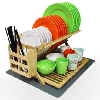 3 Tier Bamboo Dish Drying Rack with Utensil Holder, Collapsible Dish Rack, Large Dish Racks for Kitchen Counter, Wooden Folding Dish Drainer with Dish Drying Mat, with Drying Mat