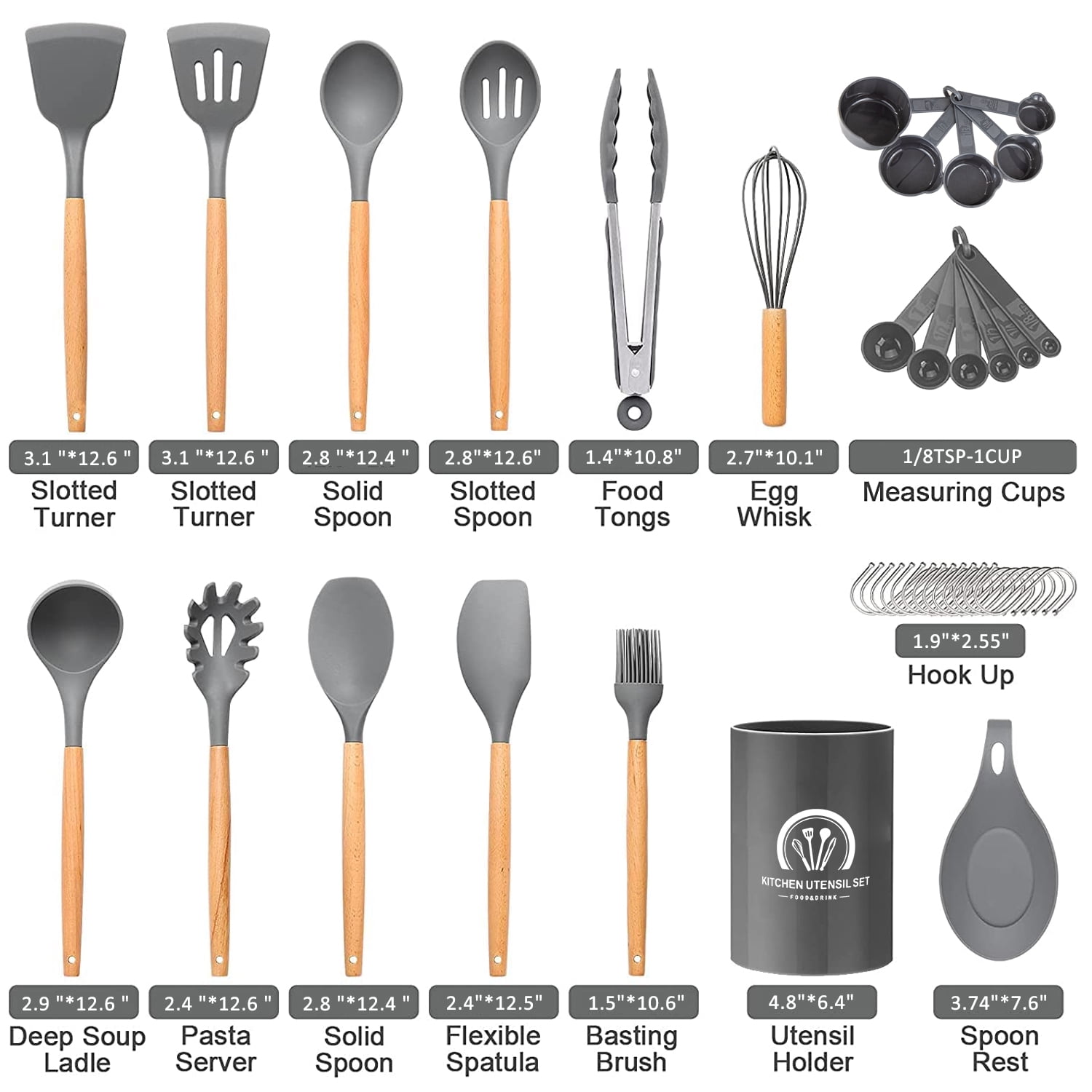 34PCS Silicone Cooking Utensils Set, 446°F Heat Resistant Wooden Handle Cooking Kitchen Utensils Spatula Set with Holder for Nonstick Cookware,Dishwasher Safe (BPA Free),Gray - Image 4