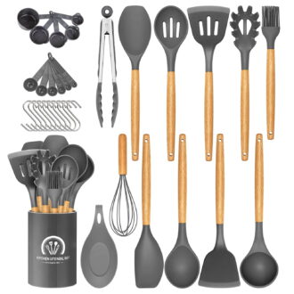 34PCS Silicone Cooking Utensils Set, 446°F Heat Resistant Wooden Handle Cooking Kitchen Utensils Spatula Set with Holder for Nonstick Cookware,Dishwasher Safe (BPA Free),Gray
