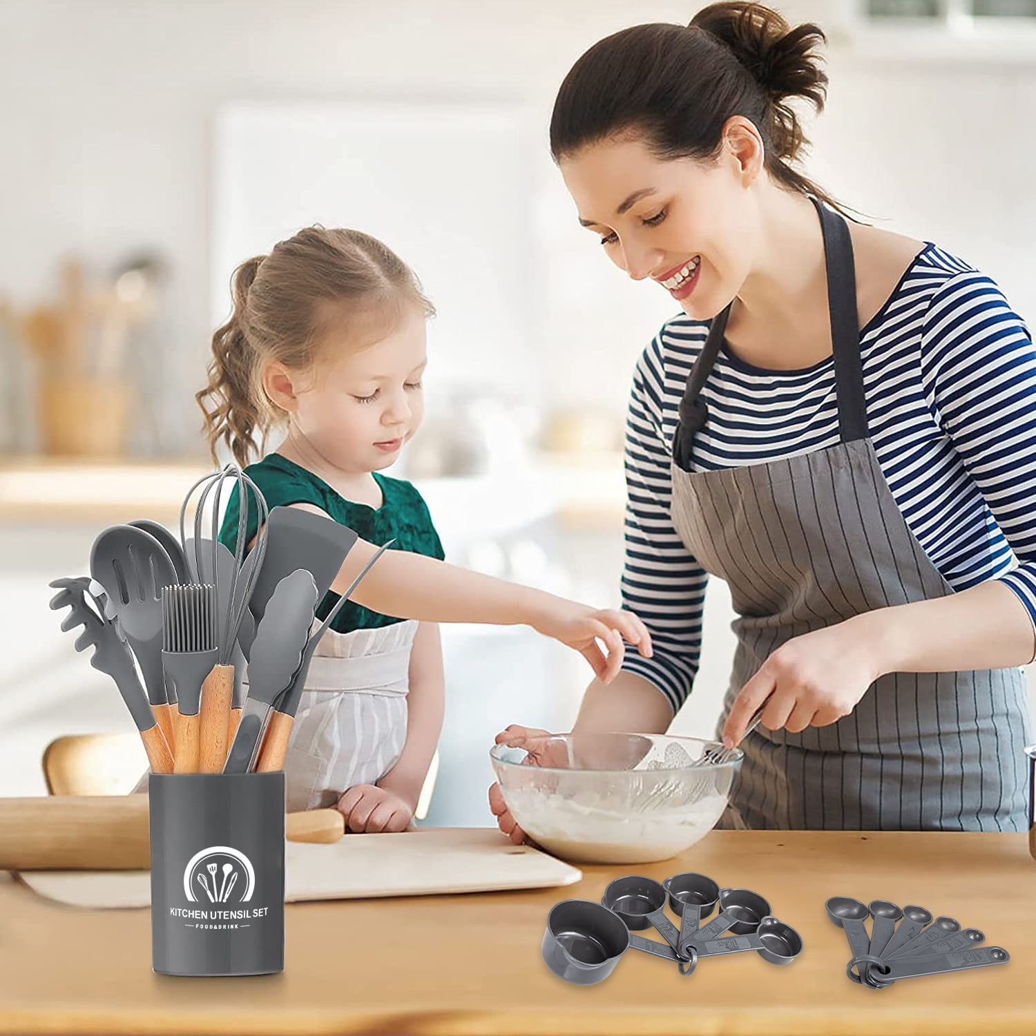 34PCS Silicone Cooking Utensils Set, 446°F Heat Resistant Wooden Handle Cooking Kitchen Utensils Spatula Set with Holder for Nonstick Cookware,Dishwasher Safe (BPA Free),Gray - Image 3
