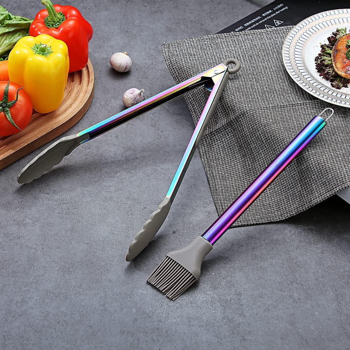 38 Piece Rainbow Silicone Kitchen Utensils Set with Stainless Steel Handles and Storage Crocks, Non-Stick Dishwasher Safe Cooking Tools - Image 5